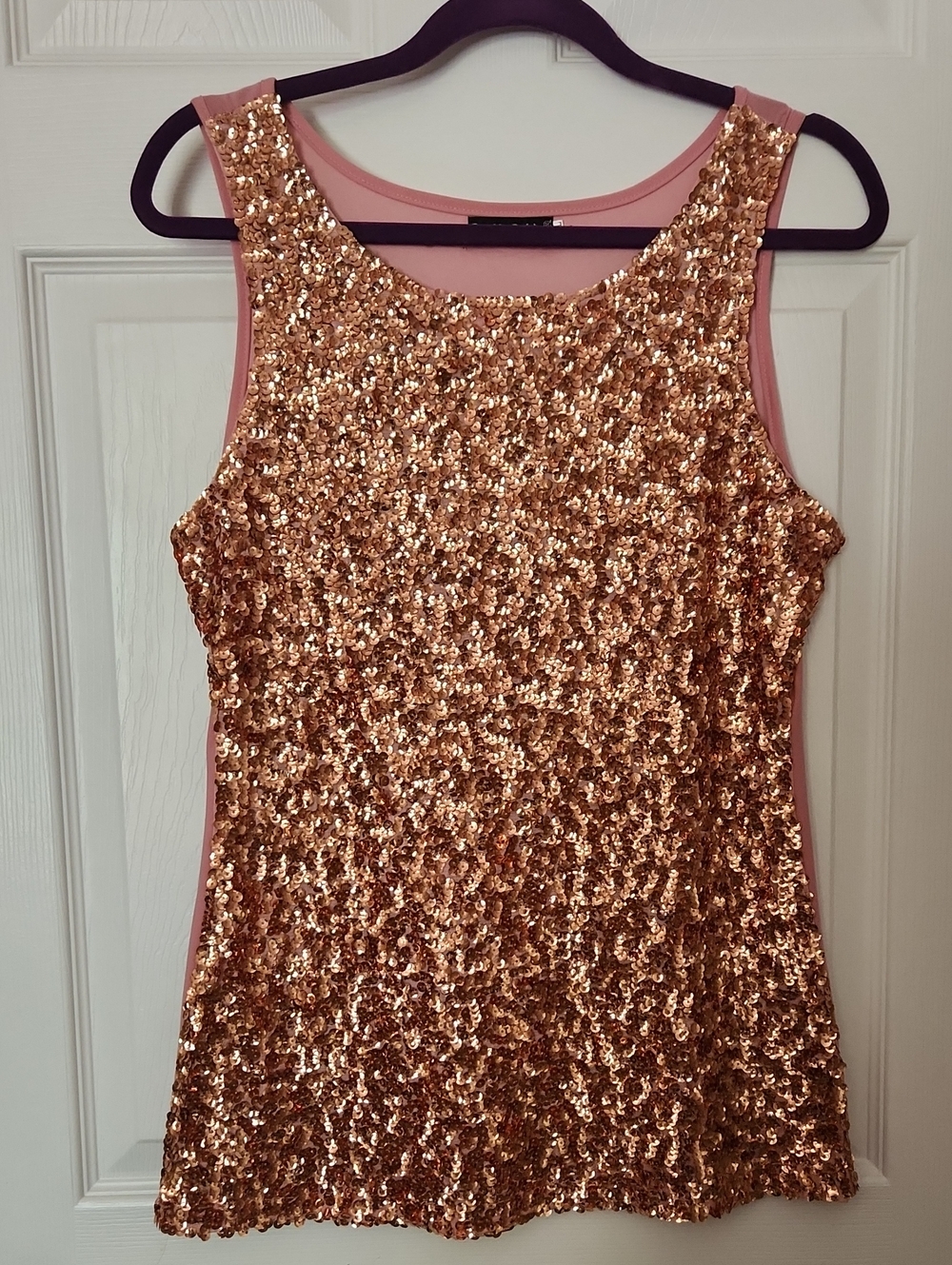 Sequin Tank Top in Rose Gold with Pink Trim